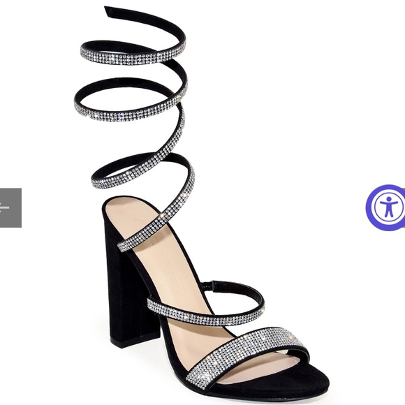 Wild Diva Shoes - Wild Diva Spiral Rhinestone Strappy Ankle Chunky Block Heels - Black